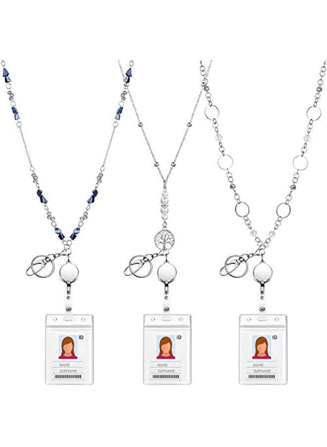 Arabest 3 Sets ID Badges Lanyards for Women Badge Holder Necklace Lanyard Retractable Reel with Beaded Stainless Steel ID Clip Necklace for Office(Elegant Style)  - Image 1