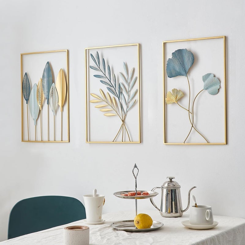 Shree Hari Gold Metal Wall Decor Leaf Wall Hanging Decoration, Set of 3 Metal Wall Art Home Decor for Living Room Office Bedroom Hotel 