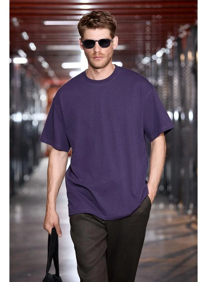Grimelange JETT Men's Oversize Fit 100% Organic Cotton Thick-Texture Bike Collar Dark Purple T-Shirt.
