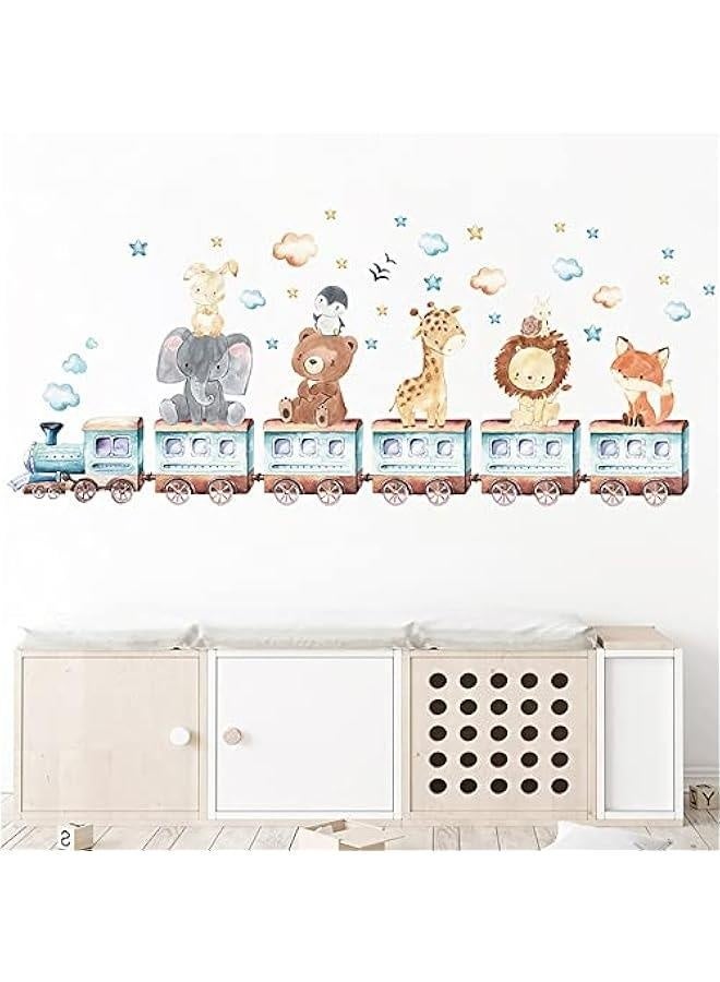 Wall Stickers for Baby Room Cartoon Animal Train Theme Decals Fox Lion Elephant Giraffe Wallpaper Wall Decals for Kids Room Boys Girls Bedroom, Nursery Room Kindergarten Decoration PVC Murals - Image 1