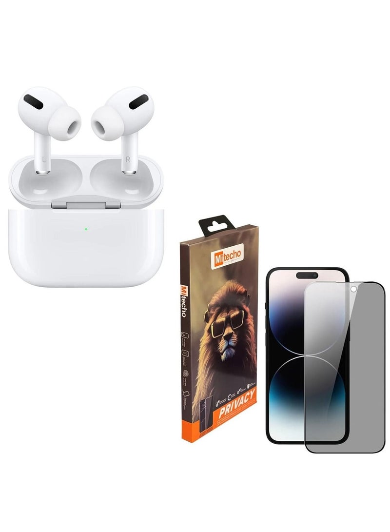 Mi Techo Apple iPhone 15 Plus full coverage privacy tempered glass screen protector and high bass wireless bluetooth earphone combo - Image 1