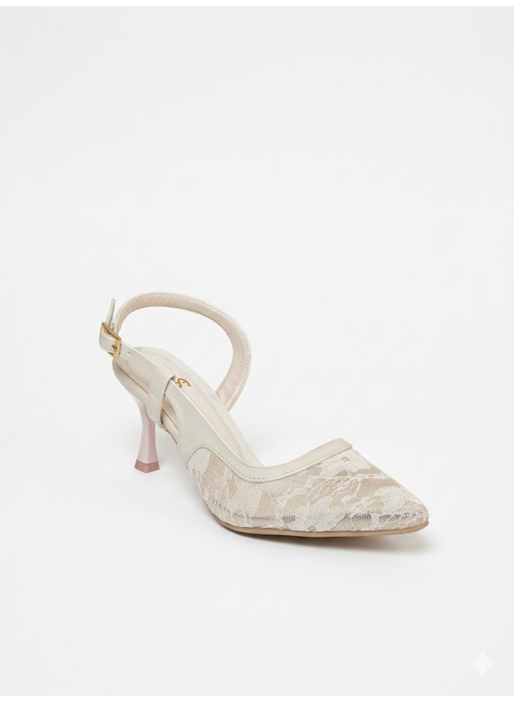 لايف ستيلاش  أحذية كعب دانتيل مع إبزيم F-611 - بيج - Image 1