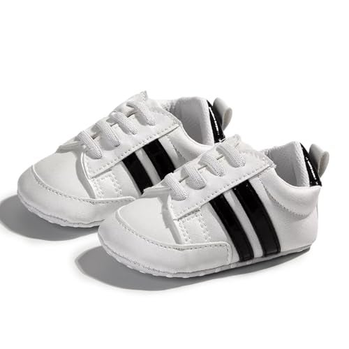Neska Moda 6 to 12 Months Baby Boys & Girls Synthetic Leather Shoes,Infant Non Slip Soft Sole Lace Closure Booties,Unisex Casual Sneaker (White,Black)-BT4198 - Image 1