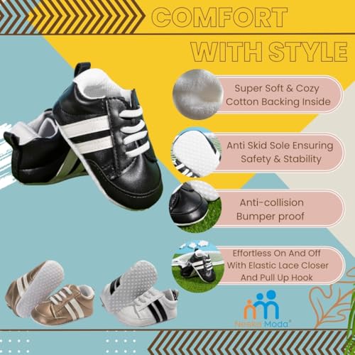 Neska Moda 6 to 12 Months Baby Boys & Girls Synthetic Leather Shoes,Infant Non Slip Soft Sole Lace Closure Booties,Unisex Casual Sneaker (White,Black)-BT4198 - Image 2