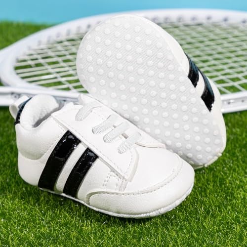 Neska Moda 6 to 12 Months Baby Boys & Girls Synthetic Leather Shoes,Infant Non Slip Soft Sole Lace Closure Booties,Unisex Casual Sneaker (White,Black)-BT4198 - Image 3