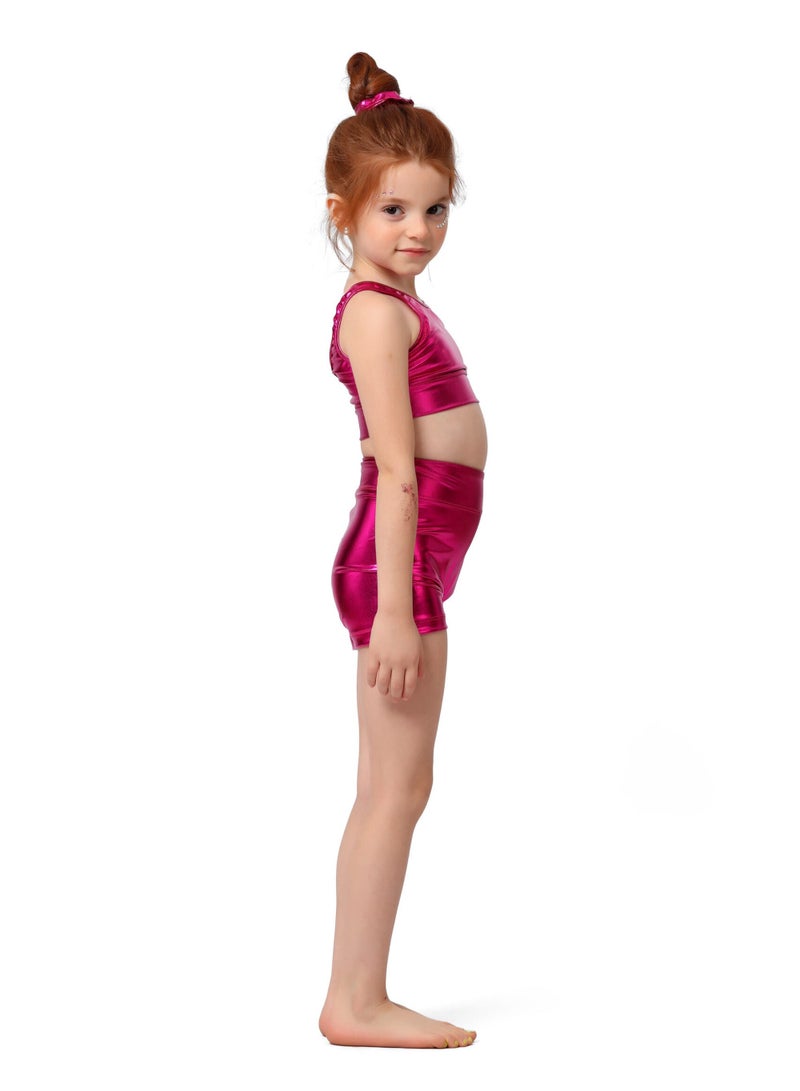 ANJA Girls' Metallic Hot Pink Gymnastics Training Set – Stretch Lycra Fabric