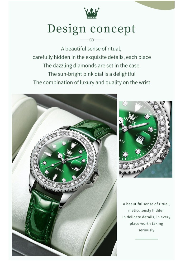 OLEVS - Watches for Women Quartz Leather Water Resistant Analog Watch 34mm Green 9945 - Image 1