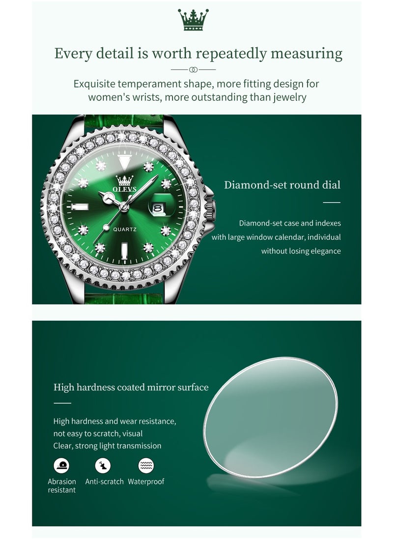 OLEVS - Watches for Women Quartz Leather Water Resistant Analog Watch 34mm Green 9945 - Image 1