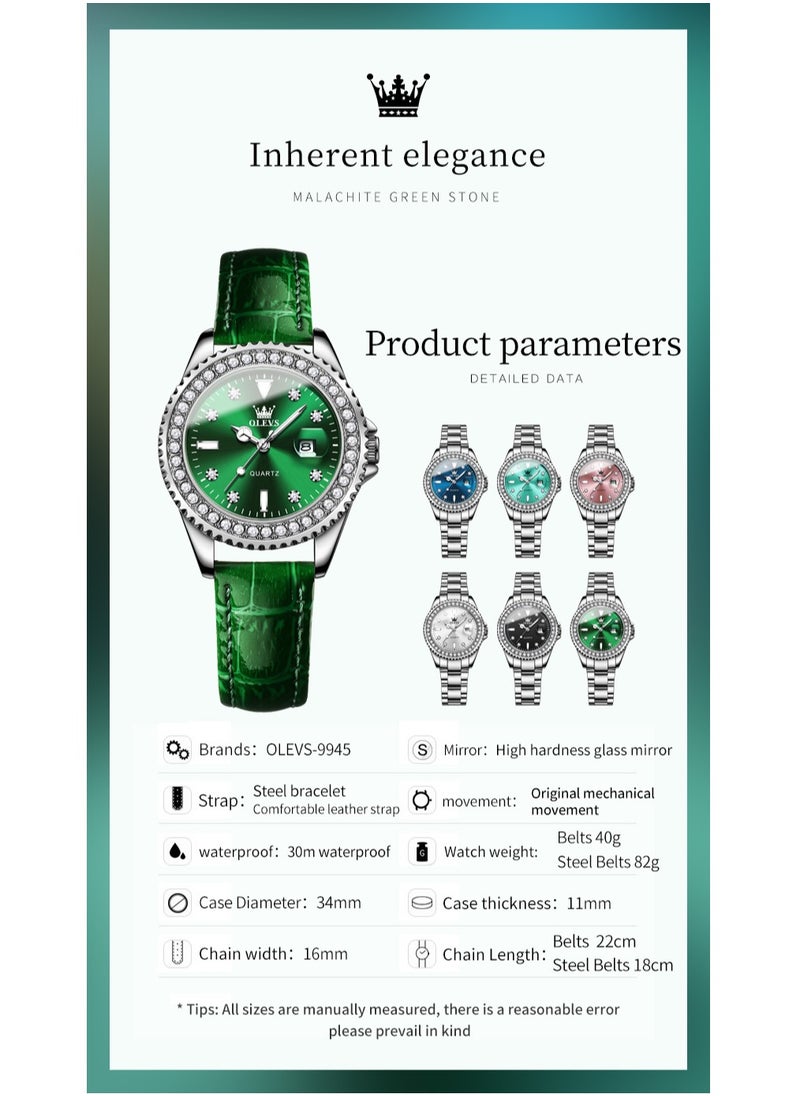 OLEVS - Watches for Women Quartz Leather Water Resistant Analog Watch 34mm Green 9945 - Image 1