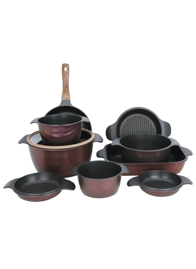 Alsaif Gallery 10 Pcs Cookware Set Granite pot set with glass lid, Dark red  - Image 1