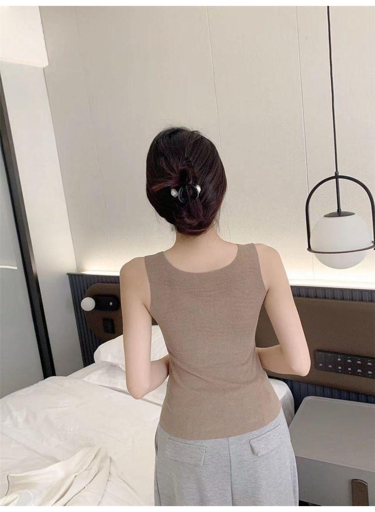 NIBEMINENT Autumn and Winter Thermal Vest with Chest Pad Underwear Slim  Wear  Brushed Sleeveless Top for Women - Image 3