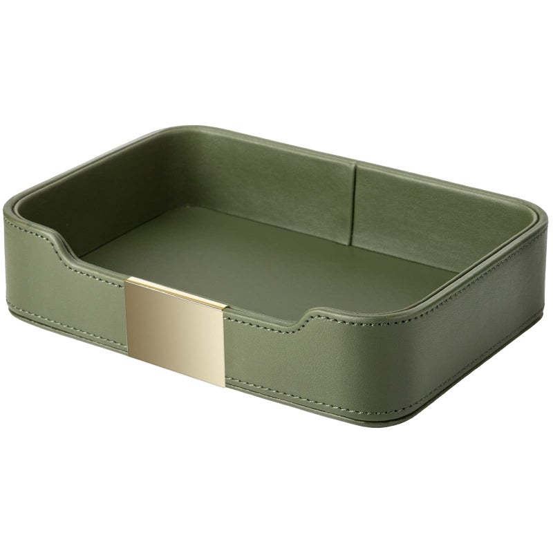 SANZIE SANZIE Luxury Leather Tray Desktop Storage Catchall Organizer Decorative Tray for Entryway Table to Hold Jewelry Watch Keys Phone Wallet Metal Glided Green 