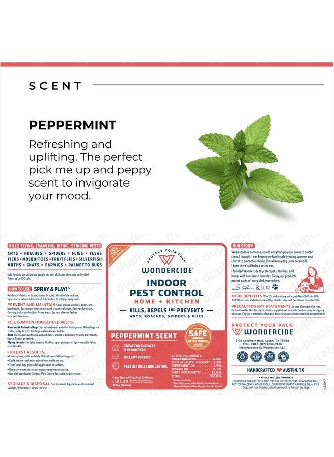 Indoor Pest Control Spray for Home and Kitchen - Ant, Roach, Spider, Fly, Flea, Bug Killer and Insect Repellent - with Natural Essential Oils - Pet and Family Safe— Peppermint 32 oz