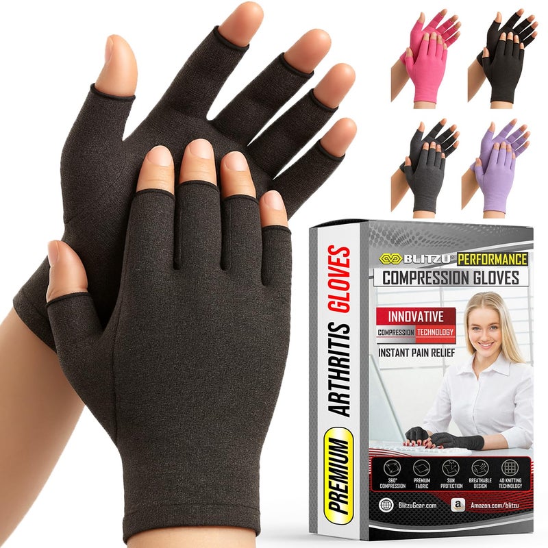 BLITZU Compression Arthritis Gloves for Women and Men, Fingerless Rheumatoid Arthritis Carpal Tunnel Pain Relief Gloves, Hand Support Wrist Brace for Tendonitis Swelling Crocheting Typing Neuropathy Black M - Image 1