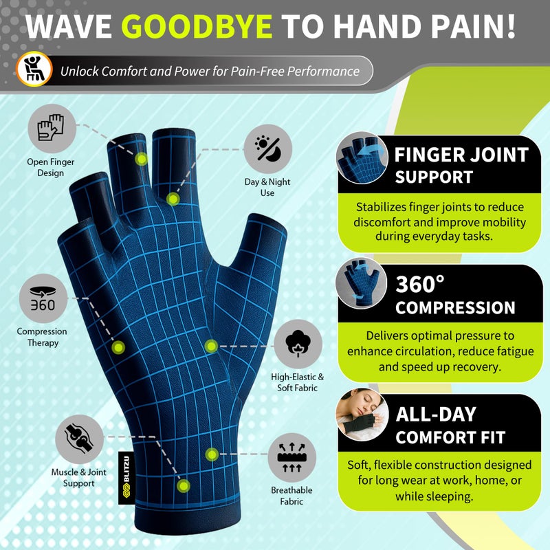 BLITZU Compression Arthritis Gloves for Women and Men, Fingerless Rheumatoid Arthritis Carpal Tunnel Pain Relief Gloves, Hand Support Wrist Brace for Tendonitis Swelling Crocheting Typing Neuropathy Black M - Image 5
