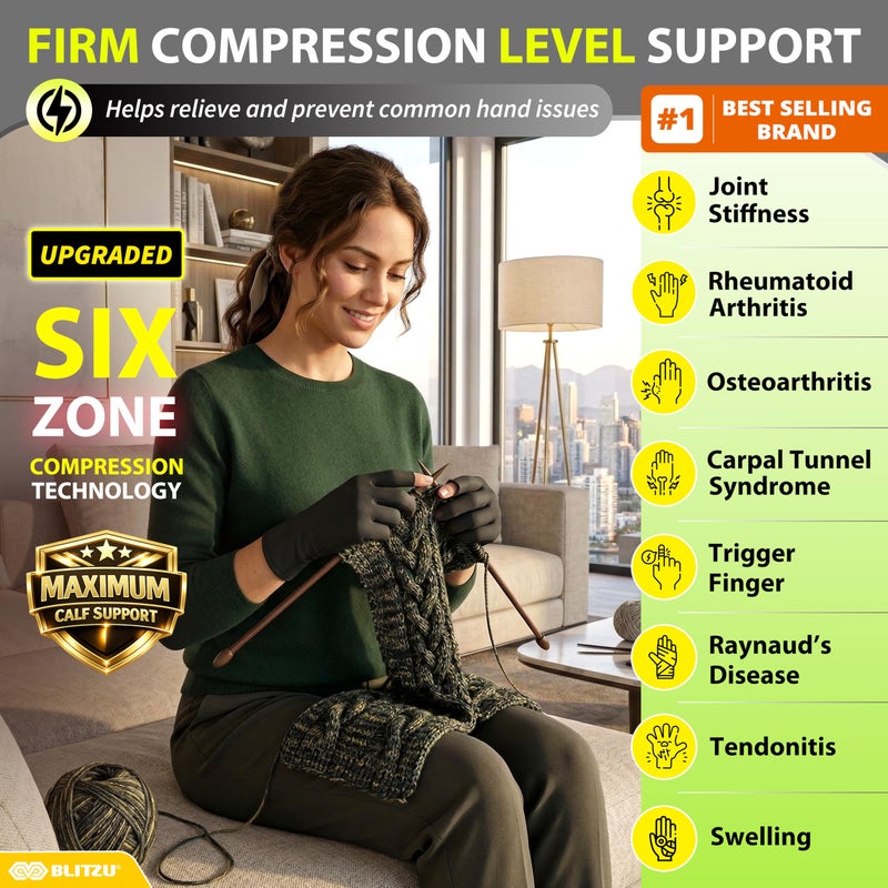BLITZU Compression Arthritis Gloves for Women and Men, Fingerless Rheumatoid Arthritis Carpal Tunnel Pain Relief Gloves, Hand Support Wrist Brace for Tendonitis Swelling Crocheting Typing Neuropathy Black M - Image 2