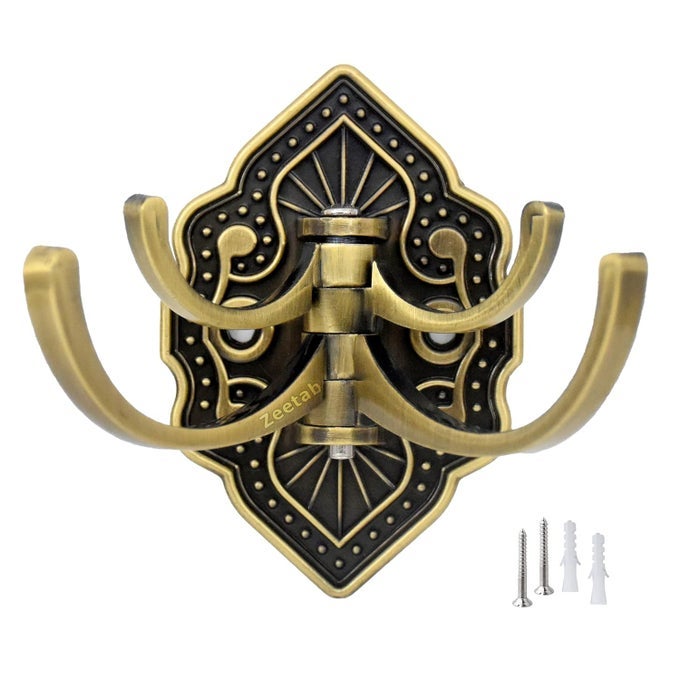 ADJUSTABLE CLOTH HANGER WITH 4 HOOK ROYAL WALL MOUNT BRASS KEY HOLDER ANTIQUE METAL RAIL ROBE FOR BATHROOM TOWEL PACK OF 1 FLOWER ANTIQUE
