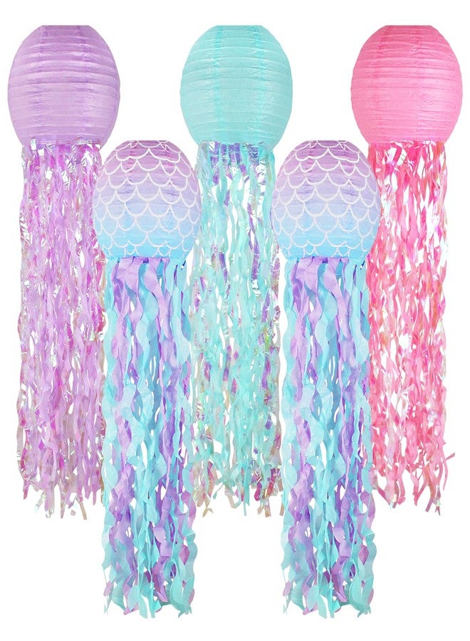 Zilue Mermaid Birthday Decorations, Jellyfish Paper Lanterns Pink Lavender Blue Mermaid Scales Hanging Lantern for Baby Shower Theme Under The Sea Ocean Birthday Party Decorations Set of 5 - Image 1