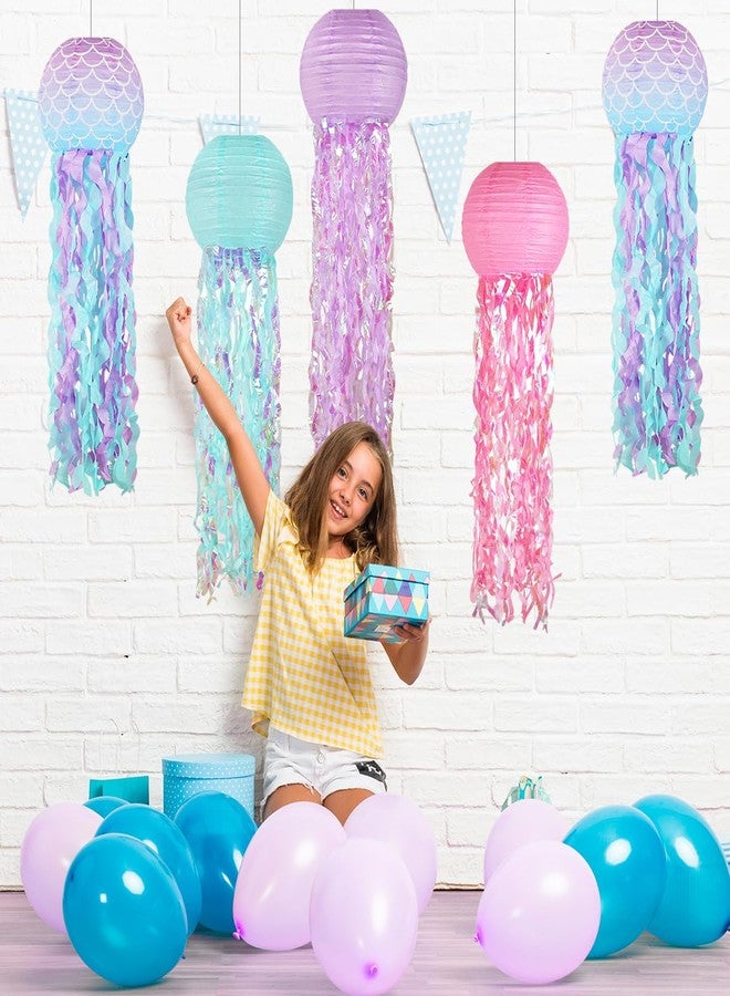 Zilue Mermaid Birthday Decorations, Jellyfish Paper Lanterns Pink Lavender Blue Mermaid Scales Hanging Lantern for Baby Shower Theme Under The Sea Ocean Birthday Party Decorations Set of 5 - Image 3