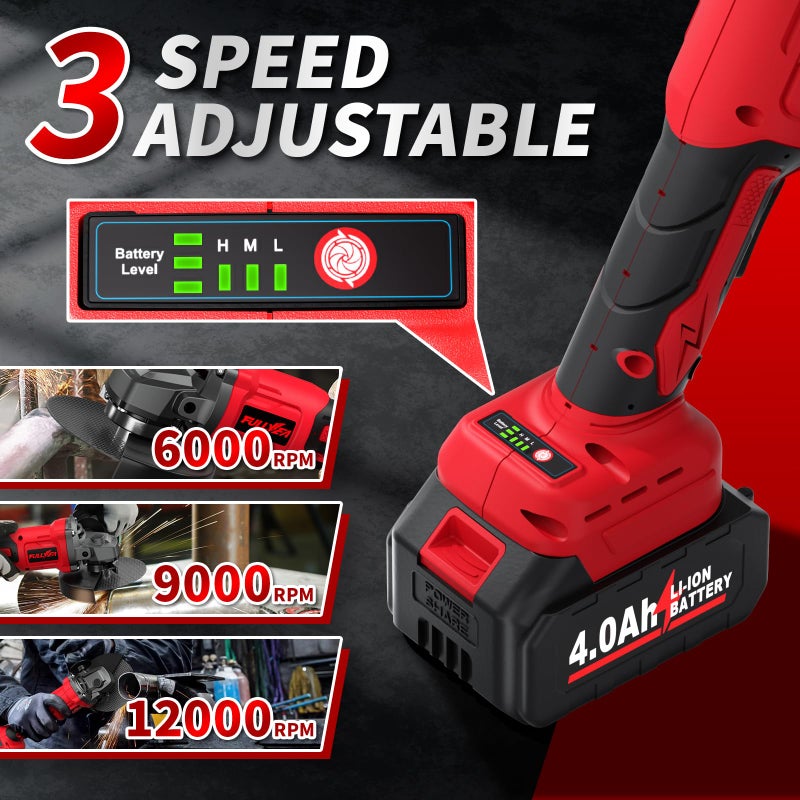 FULLYEA 4-1/2" Angle Grinder Cordless, 12000 RPM Brushless Angle Grinder Tool, Power Angle Grinders with 2 * 4.0Ah Batteries & 3 Cutting Wheels, Electric Metal Grinder for Cutting, Grinding, Polishing (Red) - Image 2