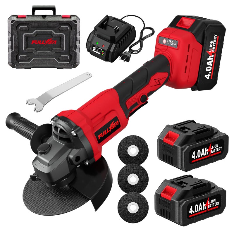 FULLYEA 4-1/2" Angle Grinder Cordless, 12000 RPM Brushless Angle Grinder Tool, Power Angle Grinders with 2 * 4.0Ah Batteries & 3 Cutting Wheels, Electric Metal Grinder for Cutting, Grinding, Polishing (Red) - Image 1