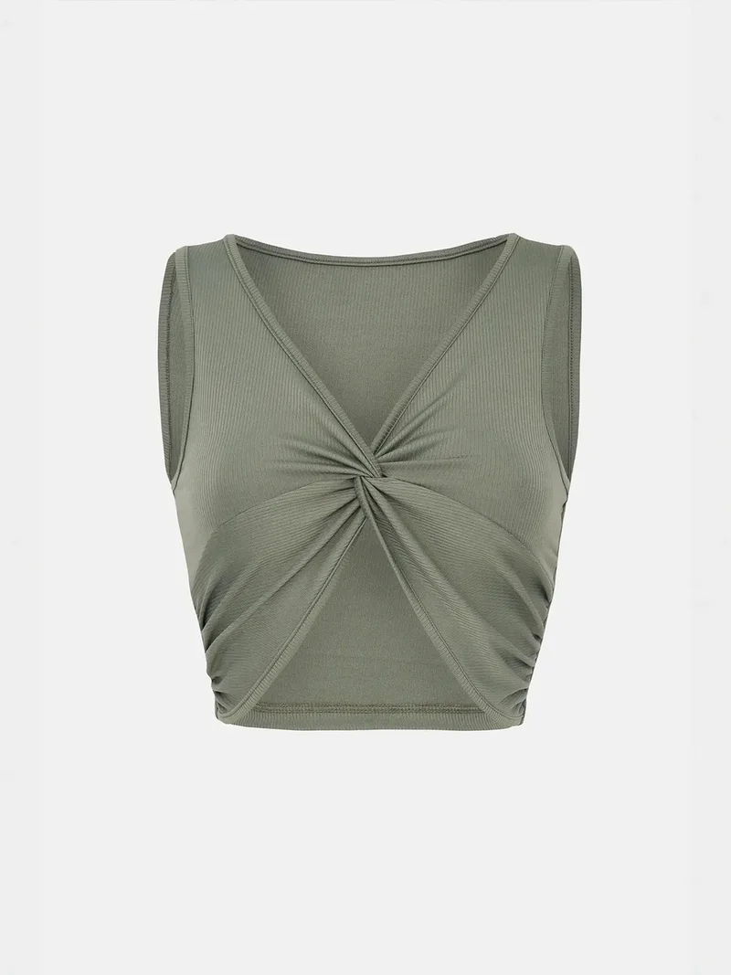 HICCUP Solid Rib Twist Front Crop Top