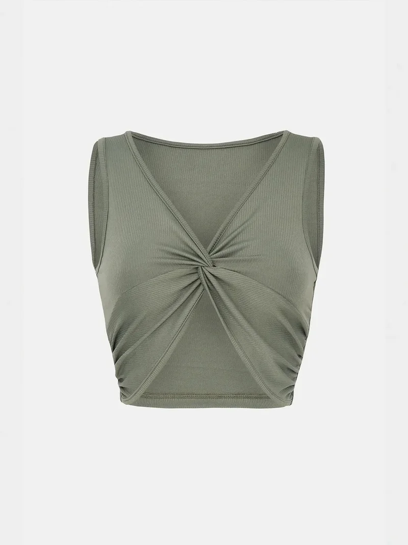HICCUP Solid Rib Twist Front Crop Top