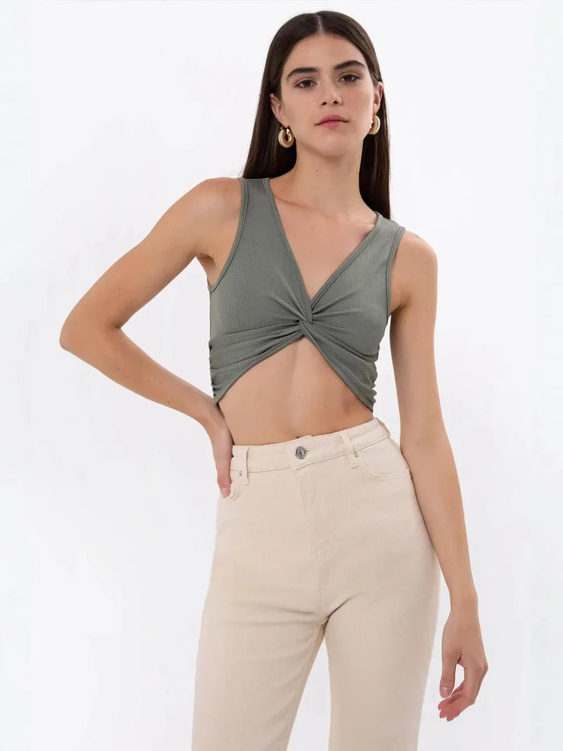 HICCUP Solid Rib Twist Front Crop Top
