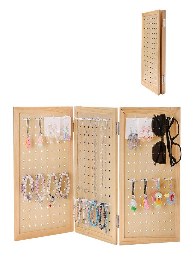 humberboat Wooden Foldable and Portable 3-Panel Pegboard Jewelry Display Organizer with 24 Removable White Metal Hooks for Bracelets, Earrings and Keychains, Versatile Countertop Rack for Store - Image 1