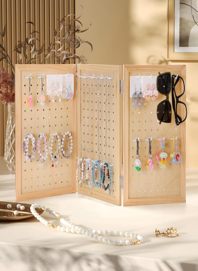 humberboat Wooden Foldable and Portable 3-Panel Pegboard Jewelry Display Organizer with 24 Removable White Metal Hooks for Bracelets, Earrings and Keychains, Versatile Countertop Rack for Store - Image 5