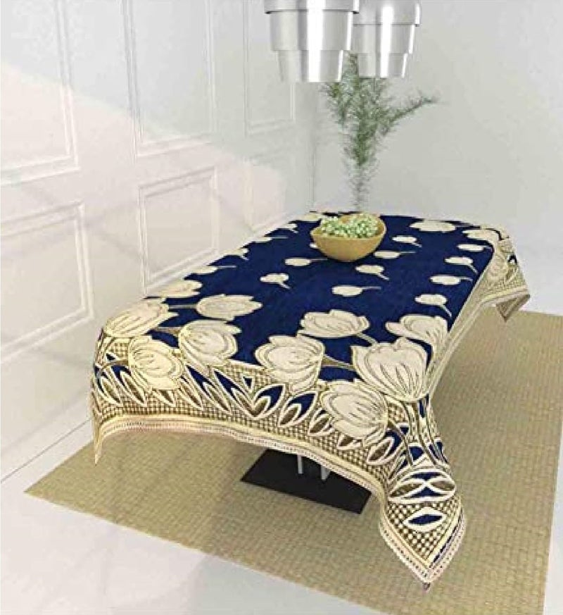 TIB The Intellect Bazaar Floral Chenille Luxurious Attractive Flowered Design Rectangular 4 Seater Center Table Cover (Blue) - Image 1