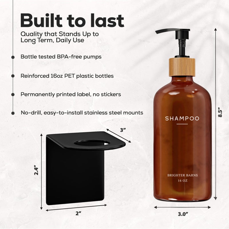 Brighter Barns Amber Shampoo and Conditioner Dispenser Set Wall Mounted by Brighter Barns - Refillable Shampoo Dispenser for Shower Wall 3 Chamber No Drill - Plastic Shower Bottles for Guest Bathroom, Hotel (Amber) - Image 3