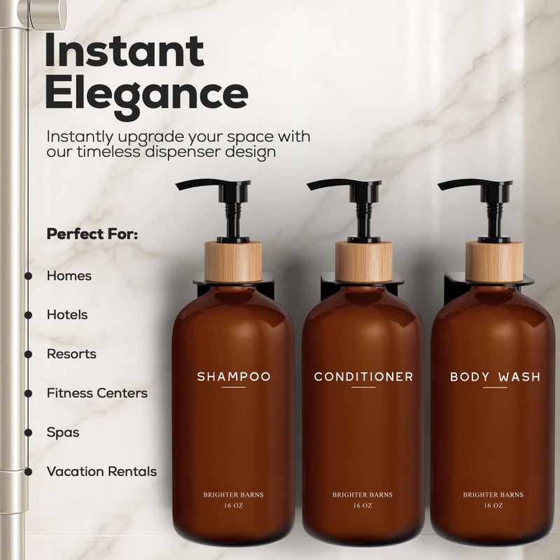 Brighter Barns Amber Shampoo and Conditioner Dispenser Set Wall Mounted by Brighter Barns - Refillable Shampoo Dispenser for Shower Wall 3 Chamber No Drill - Plastic Shower Bottles for Guest Bathroom, Hotel (Amber) - Image 2