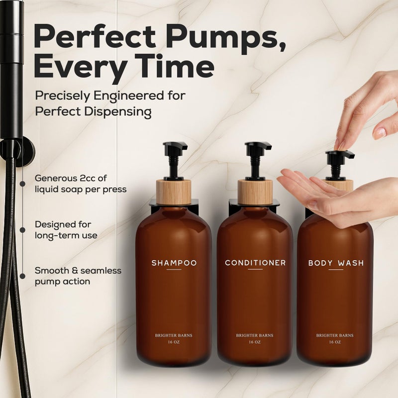 Brighter Barns Amber Shampoo and Conditioner Dispenser Set Wall Mounted by Brighter Barns - Refillable Shampoo Dispenser for Shower Wall 3 Chamber No Drill - Plastic Shower Bottles for Guest Bathroom, Hotel (Amber) - Image 4