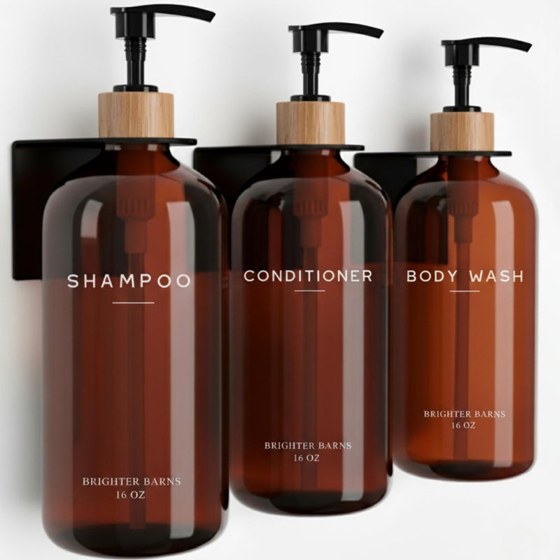 Brighter Barns Amber Shampoo and Conditioner Dispenser Set Wall Mounted by Brighter Barns - Refillable Shampoo Dispenser for Shower Wall 3 Chamber No Drill - Plastic Shower Bottles for Guest Bathroom, Hotel (Amber) - Image 1