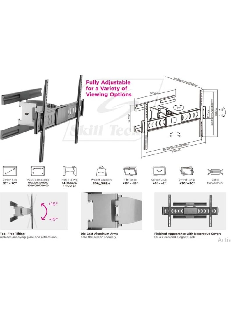 Skill Tech SH 666P Full-Motion Swivel TV Wall Mount Bracket for 32–65 Inch LED LCD OLED TVs – Heavy Duty Tilt & Rotate VESA Compatible Space-Saving Design – Black - Image 3
