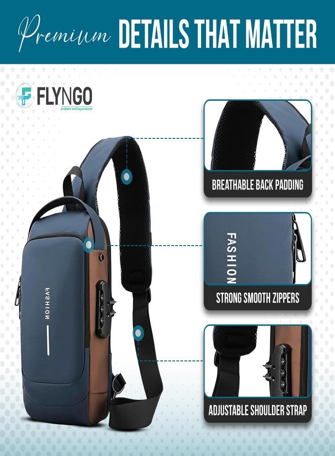 فلاينجو حقيبة كتف FLYNGO للرجال، حقيبة ظهر أنيقة للرجال والنساء، حقيبة صدر مضادة للسرقة مزودة بمنفذ شحن USB، حقائب مراسلة، حقيبة كتف عادية (أزرق وبني) - Image 4