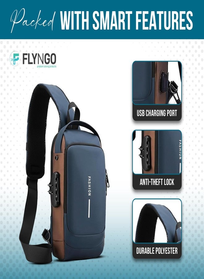 فلاينجو حقيبة كتف FLYNGO للرجال، حقيبة ظهر أنيقة للرجال والنساء، حقيبة صدر مضادة للسرقة مزودة بمنفذ شحن USB، حقائب مراسلة، حقيبة كتف عادية (أزرق وبني) - Image 2