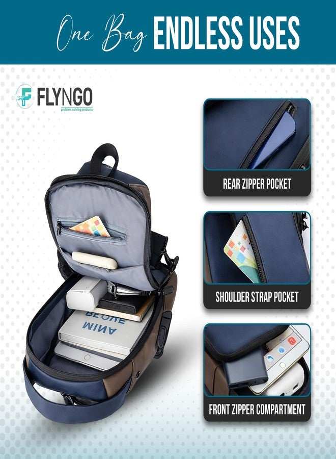 فلاينجو حقيبة كتف FLYNGO للرجال، حقيبة ظهر أنيقة للرجال والنساء، حقيبة صدر مضادة للسرقة مزودة بمنفذ شحن USB، حقائب مراسلة، حقيبة كتف عادية (أزرق وبني) - Image 3