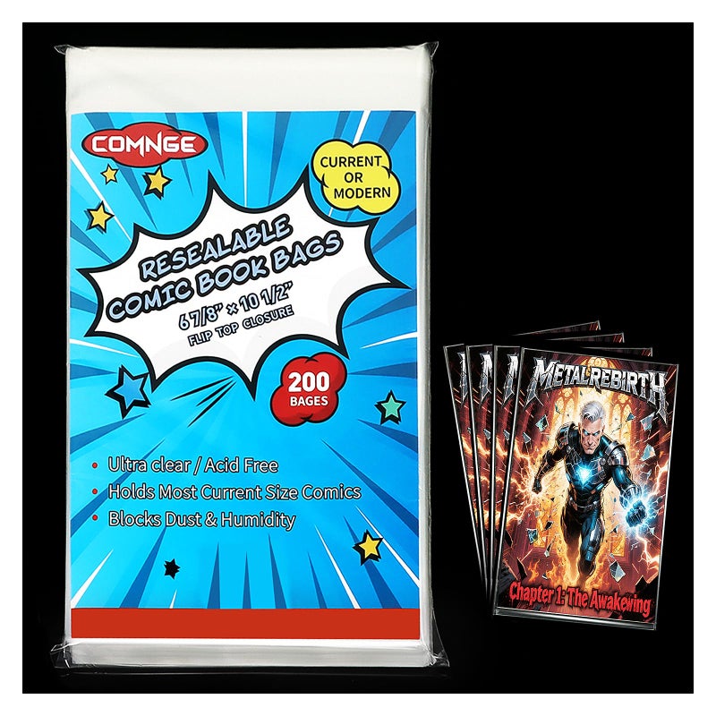 Comnge 200ct Resealable Current Comic Book Bags - Acid-Free & Crystal Clear Comic Book Sleeves 6-7/8" x 10-1/2", Protect, Storage and Display Standard-Sized Modern Comics Collections - Image 1