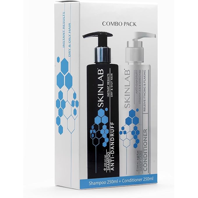SKINLAB Anti-Dandruff System (Shampoo + Leave-On Conditioner) Salicylic Acid, Tea Tree & Spirulina Clears Dandruff, Soothes Itch & Strengthens the Scalp, 250ml + 250ml - Image 1