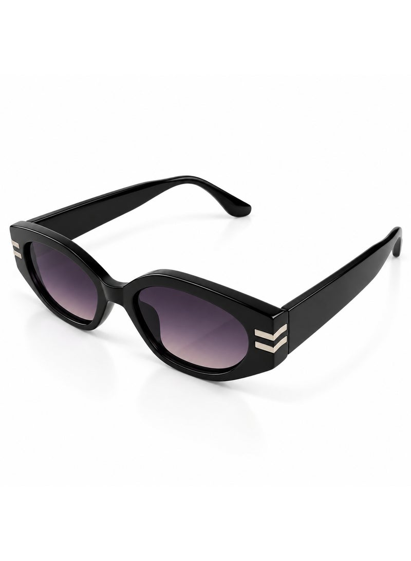 Glossy Black Oval-Rectangular Sunglasses with Graded Purple Lenses and Silver Details