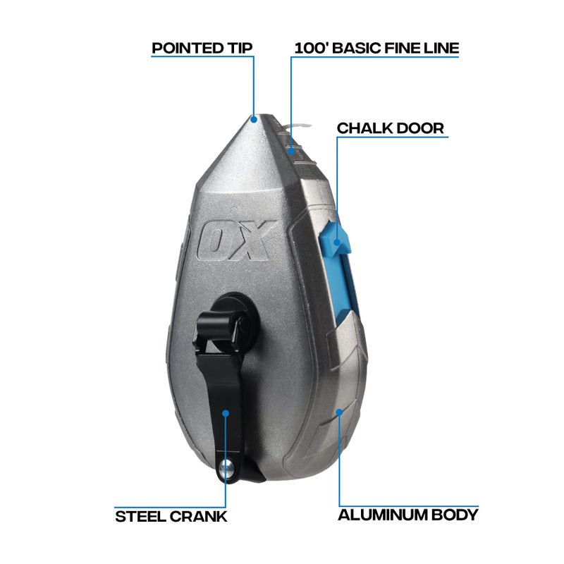 OX Tools Contractor 100ft Chalk Line Tool Aluminum Construction Steel Crank & 1:1 Gear Ratio and Cotton and Nylon Basic Fine Line Marking Tool Professional Grade Chalk Box OX-T630501 - Image 2