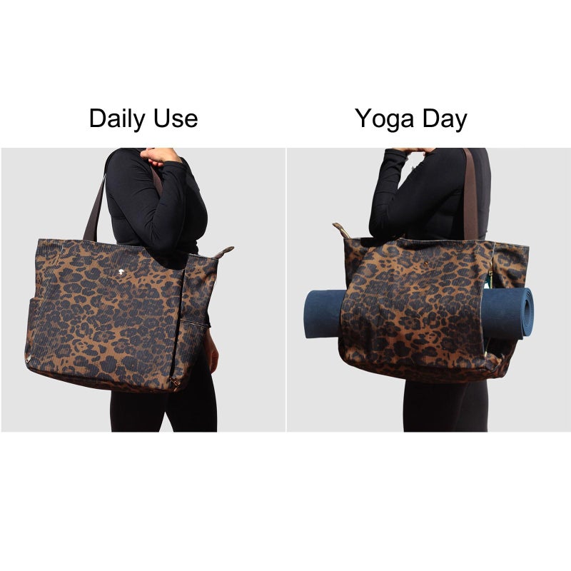 ESVAN Yoga Mat Bag Yoga Tote Carrier Shoulder Bag Carryall Tote for Office,Yoga,Pilates,Travel,Beach and Gym (Corduroy Brown leopard print) - Image 5