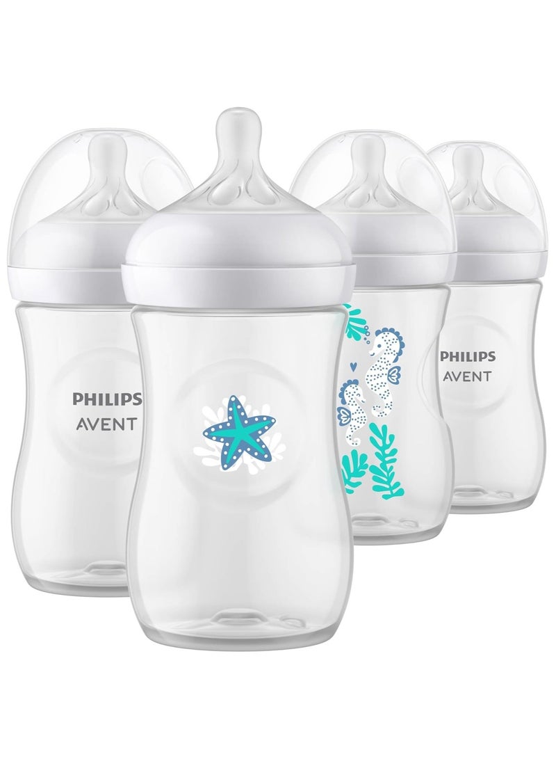 Philips Avent Pack Of 4 Natural Baby Bottle with Natural Response , with Sea Design, 9oz - Image 1