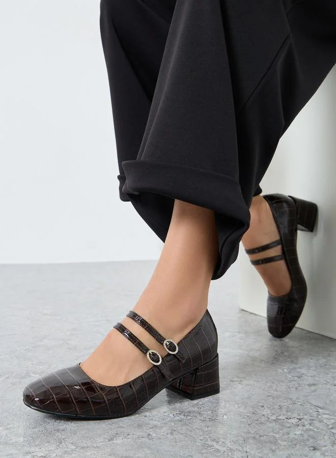 Styli Styli Coffee Brown Croc-Effect Mary Jane Shoes