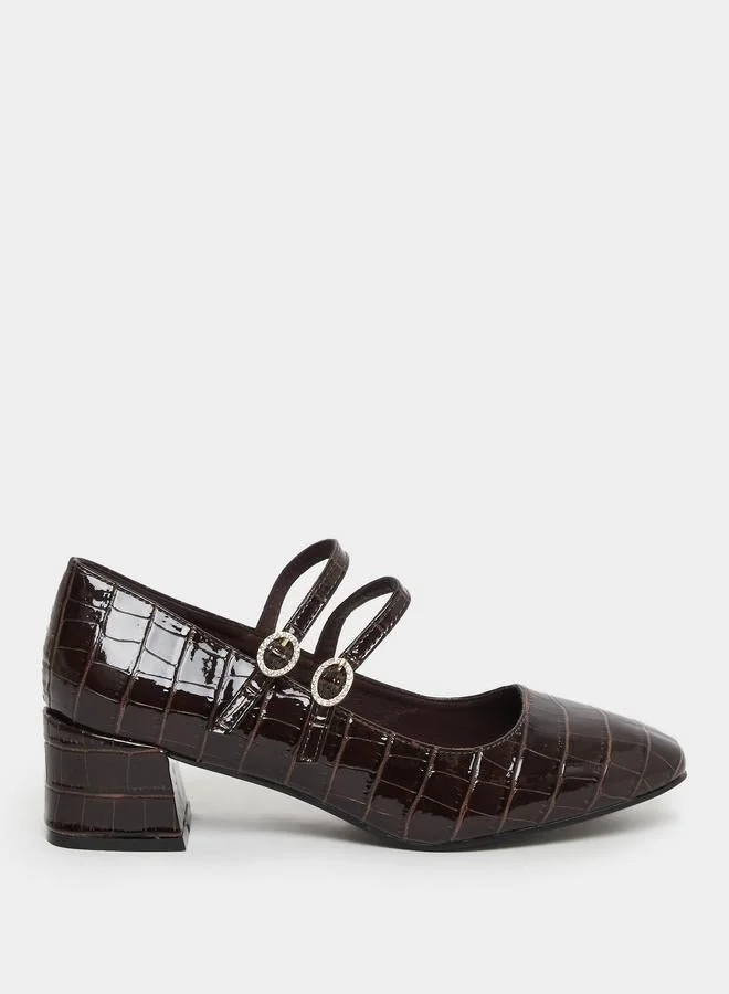 Styli Styli Coffee Brown Croc-Effect Mary Jane Shoes