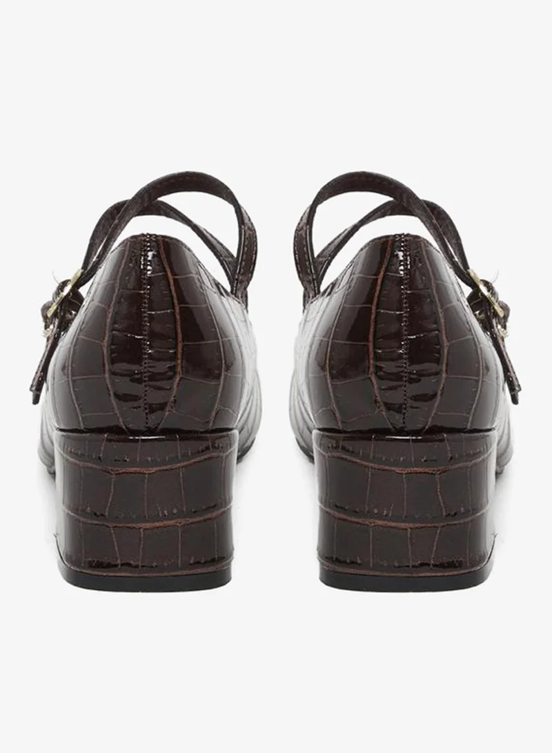 Styli Coffee Brown Croc-Effect Mary Jane Shoes