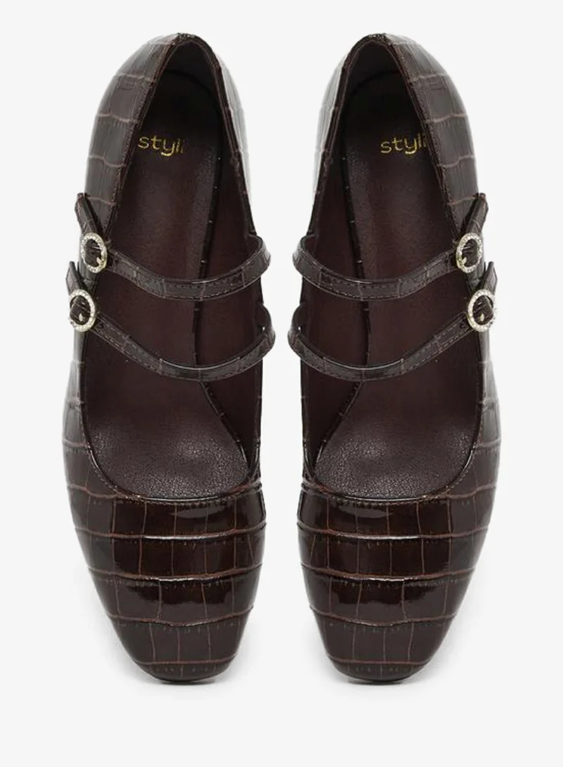 Styli Coffee Brown Croc-Effect Mary Jane Shoes