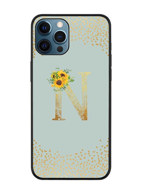 Rugged Black edge case for Apple iPhone 12 Pro Slim fit Soft Case Flexible Rubber Edges Anti Drop TPU Gel Thin Cover - Custom Monogram Initial Letter Floral Pattern Alphabet - N (Light Grey )